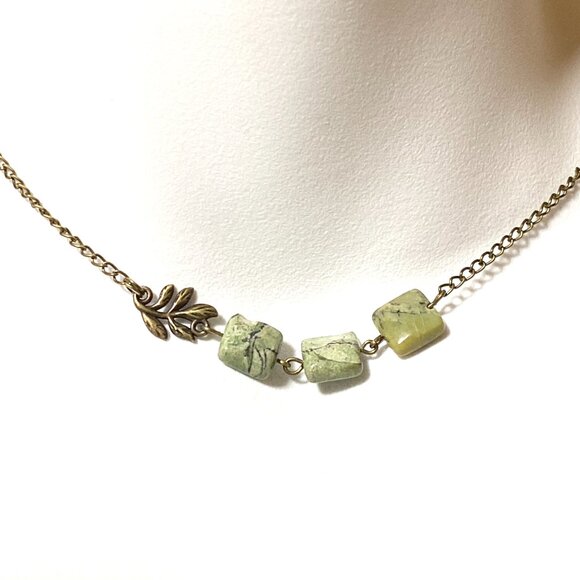 2/$20 Dark Green Serpentine Leaf Branch Necklace, Genuine Gemstone Bronze Chain - Picture 2 of 16